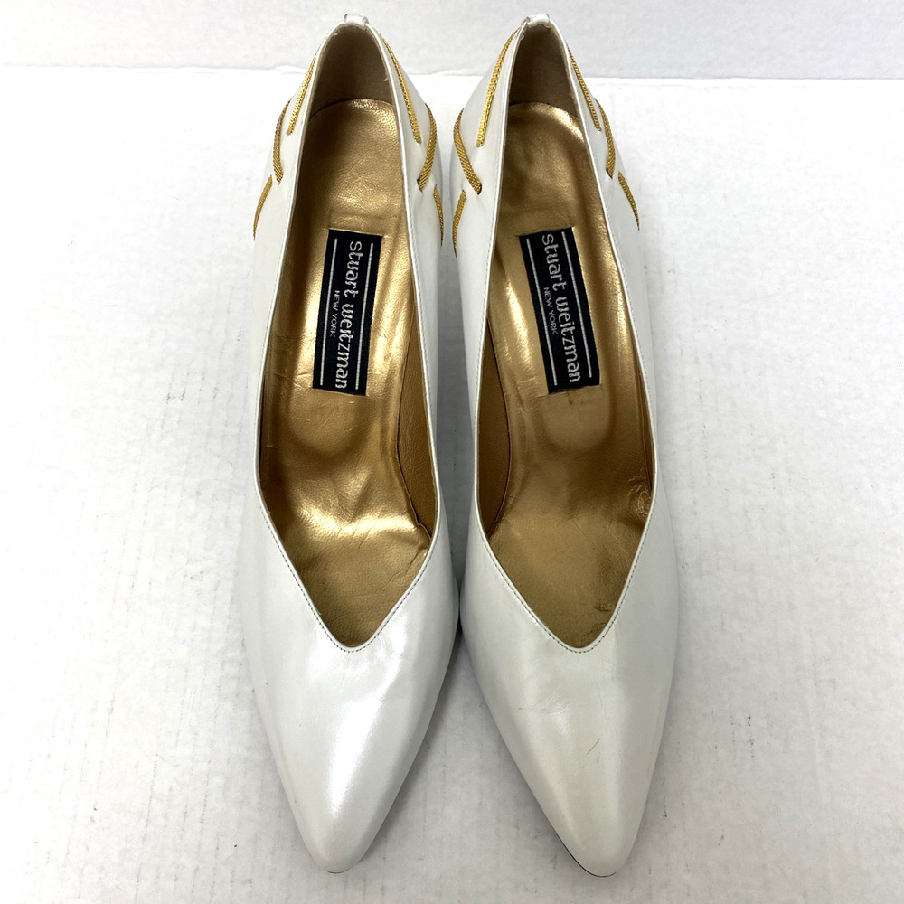 Stuart Weitzman White Pump Leather Gold Slim Heel Classic Vintage Almond Toe 10 - Picture 4 of 10